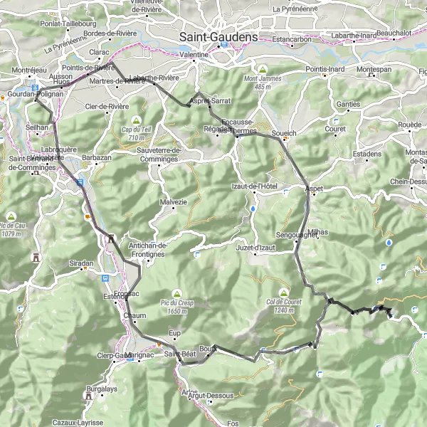 Miniatua del mapa de inspiración ciclista "Ruta de ciclismo de 93 km con subidas desafiantes" en Midi-Pyrénées, France. Generado por Tarmacs.app planificador de rutas ciclistas