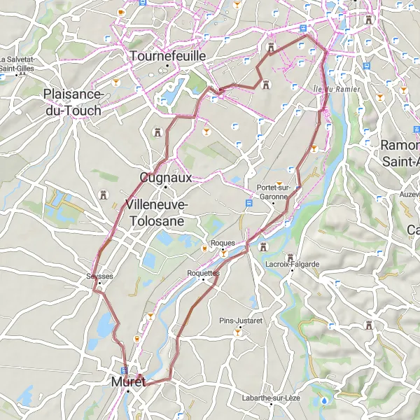 Mapa miniatúra "Gravelová trasa z Cugnaux do Muretu" cyklistická inšpirácia v Midi-Pyrénées, France. Vygenerované cyklistickým plánovačom trás Tarmacs.app