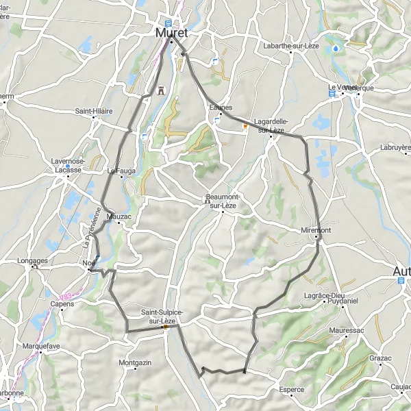 Map miniature of "Road Route: Eaunes to Château de Rudelle" cycling inspiration in Midi-Pyrénées, France. Generated by Tarmacs.app cycling route planner