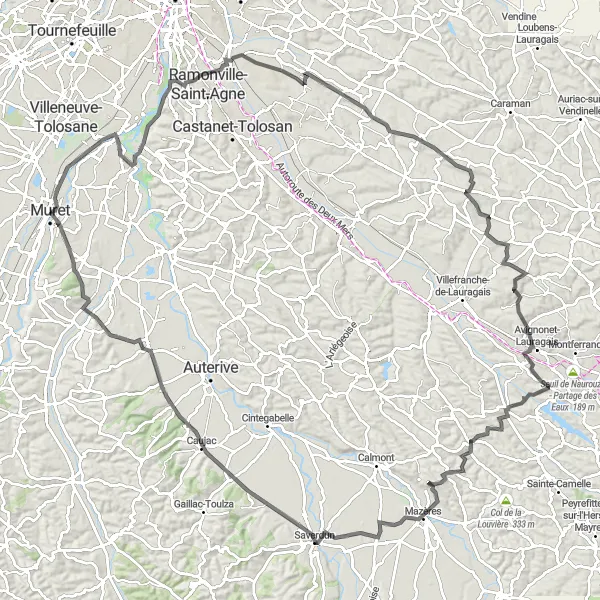 Map miniature of "Road Route: Lacroix-Falgarde to Puydaniel" cycling inspiration in Midi-Pyrénées, France. Generated by Tarmacs.app cycling route planner