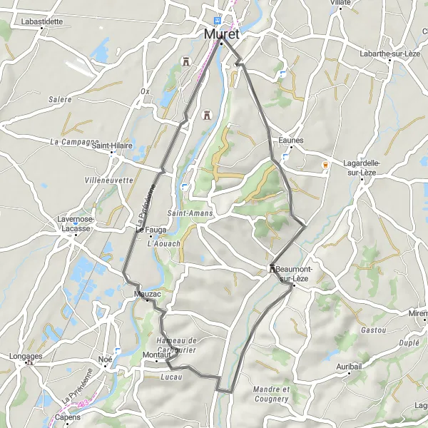 Zemljevid v pomanjšavi "Kolesarska pot v okolici Mureta - Beaumont-sur-Lèze" kolesarske inspiracije v Midi-Pyrénées, France. Generirano z načrtovalcem kolesarskih poti Tarmacs.app