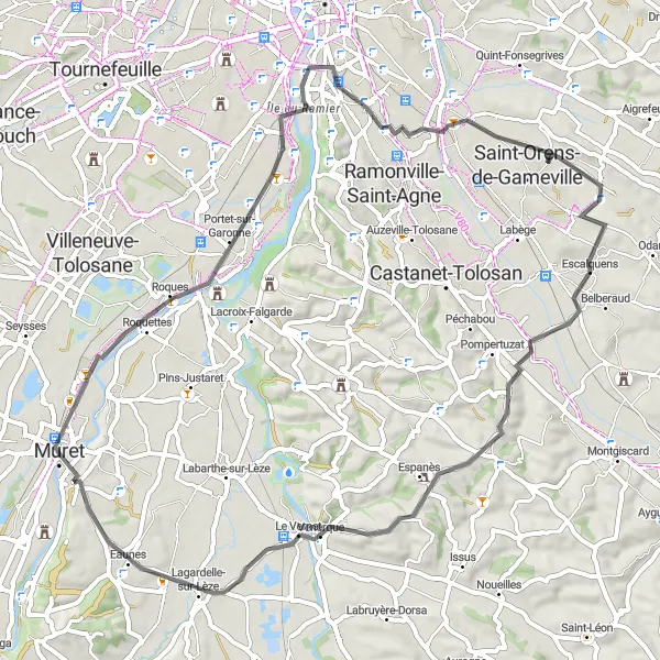 Zemljevid v pomanjšavi "Kolesarska pot v okolici Mureta - Roques" kolesarske inspiracije v Midi-Pyrénées, France. Generirano z načrtovalcem kolesarskih poti Tarmacs.app