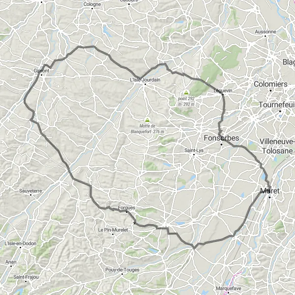 Miniatua del mapa de inspiración ciclista "Gran desafío en bicicleta por carretera desde Muret pasando por Gimont y Fonsorbes" en Midi-Pyrénées, France. Generado por Tarmacs.app planificador de rutas ciclistas