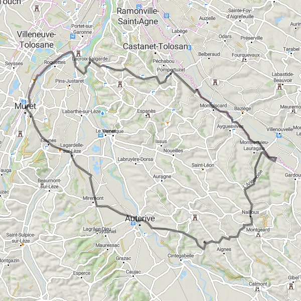 Miniaturní mapa "Okruh na silnici s výstupem 729 metrů a vzdáleností 87 km" inspirace pro cyklisty v oblasti Midi-Pyrénées, France. Vytvořeno pomocí plánovače tras Tarmacs.app