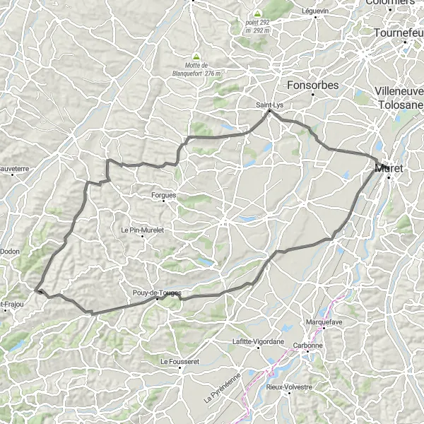 Miniatua del mapa de inspiración ciclista "Desafío en bicicleta por carretera desde Muret pasando por Riolas y Saint-Lys" en Midi-Pyrénées, France. Generado por Tarmacs.app planificador de rutas ciclistas