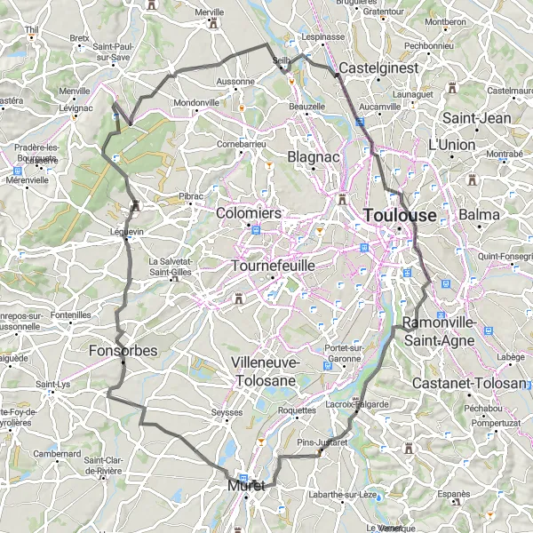 Kartminiatyr av "Upplev Palais Niel och Seilh på en 90 km lång rutt" cykelinspiration i Midi-Pyrénées, France. Genererad av Tarmacs.app cykelruttplanerare