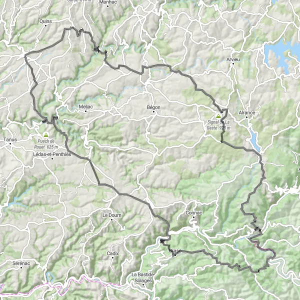 Mapa miniatúra "Naucelle - Camboulazet - Salmiech - Signal de La Gaste - La Capelle Farcel - Broquiès - Saint-Izaire - Le Calvaire - Réquista - Saint-Just-sur-Viaur" cyklistická inšpirácia v Midi-Pyrénées, France. Vygenerované cyklistickým plánovačom trás Tarmacs.app