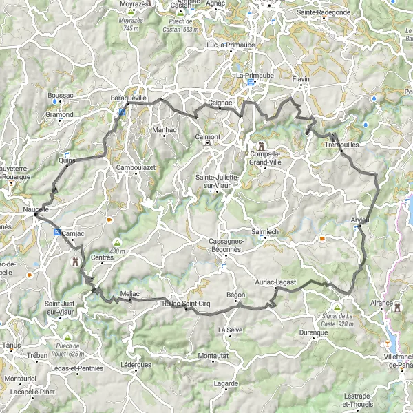 Miniatua del mapa de inspiración ciclista "Ciclismo desafiante en carretera desde Naucelle" en Midi-Pyrénées, France. Generado por Tarmacs.app planificador de rutas ciclistas