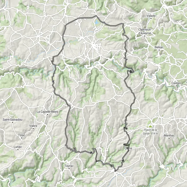 Karttaminiaatyyri "Haasteellinen maantiepyöräilyreitti Naucellesta" pyöräilyinspiraatiosta alueella Midi-Pyrénées, France. Luotu Tarmacs.app pyöräilyreittisuunnittelijalla