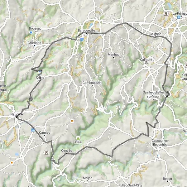 Karten-Miniaturansicht der Radinspiration "Rundfahrt über Quins und Baraqueville" in Midi-Pyrénées, France. Erstellt vom Tarmacs.app-Routenplaner für Radtouren