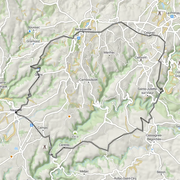 Karttaminiaatyyri "Naucelle - Quins - Puech de la Garde - Baraqueville - Le Plantié - Pont de Grandfuel - Centrès - Camjac" pyöräilyinspiraatiosta alueella Midi-Pyrénées, France. Luotu Tarmacs.app pyöräilyreittisuunnittelijalla