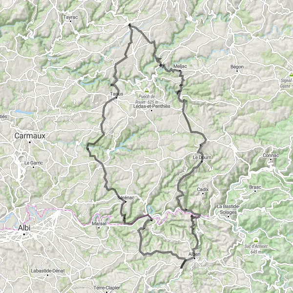 Miniature de la carte de l'inspiration cycliste "Aventure cycliste autour de Naucelle" dans la Midi-Pyrénées, France. Générée par le planificateur d'itinéraire cycliste Tarmacs.app