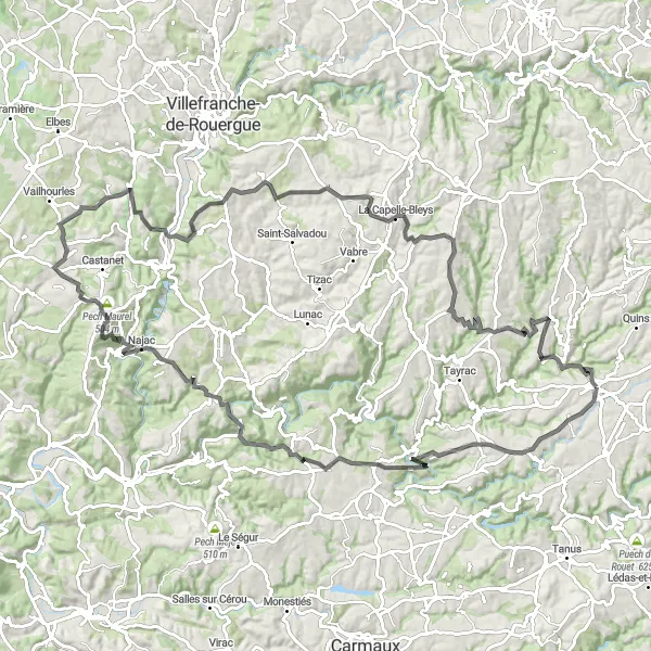 Miniature de la carte de l'inspiration cycliste "Boucle cycliste pittoresque autour de Naucelle" dans la Midi-Pyrénées, France. Générée par le planificateur d'itinéraire cycliste Tarmacs.app