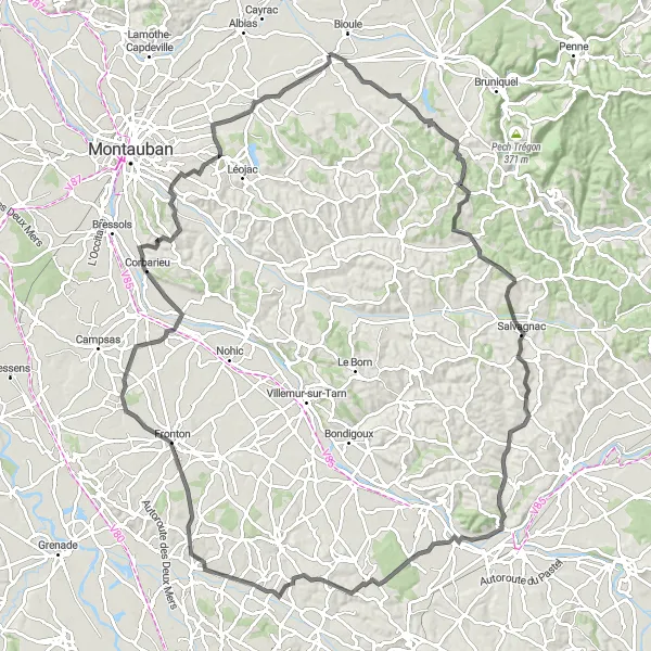 Kartminiatyr av "Kultur og landskap i harmoni i Midi-Pyrénées" sykkelinspirasjon i Midi-Pyrénées, France. Generert av Tarmacs.app sykkelrutoplanlegger