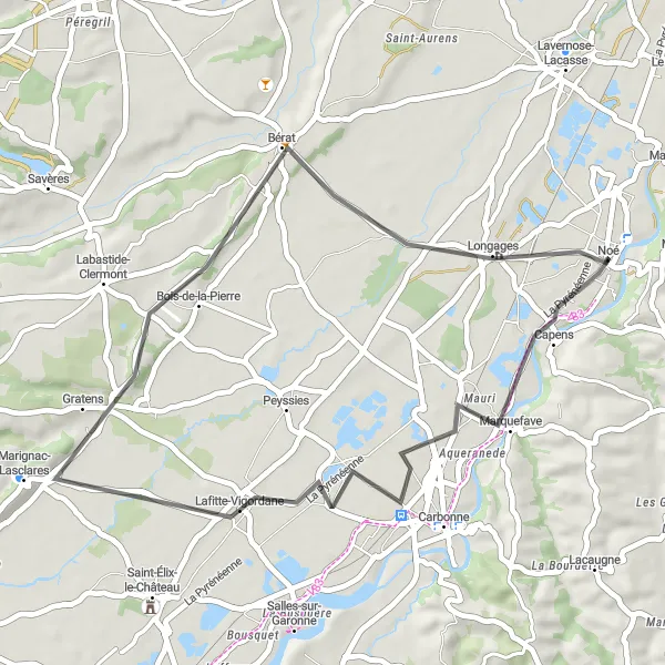 Map miniature of "Noé to Marquefave via Gratens" cycling inspiration in Midi-Pyrénées, France. Generated by Tarmacs.app cycling route planner