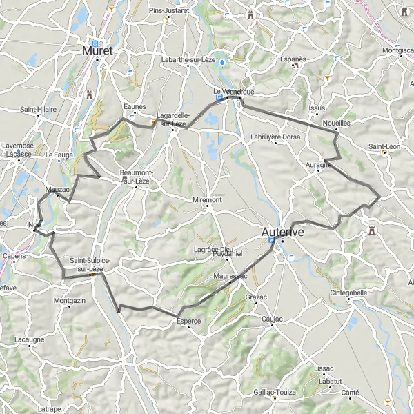 Map miniature of "Noé to Mauzac" cycling inspiration in Midi-Pyrénées, France. Generated by Tarmacs.app cycling route planner