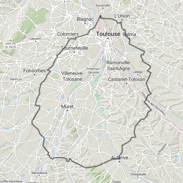 Mapa miniatúra "Okolo Auzielle do Noé" cyklistická inšpirácia v Midi-Pyrénées, France. Vygenerované cyklistickým plánovačom trás Tarmacs.app