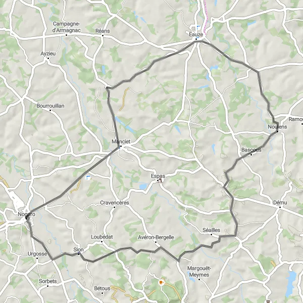 Miniaturní mapa "Cyklistická trasa kolem Nogaro" inspirace pro cyklisty v oblasti Midi-Pyrénées, France. Vytvořeno pomocí plánovače tras Tarmacs.app