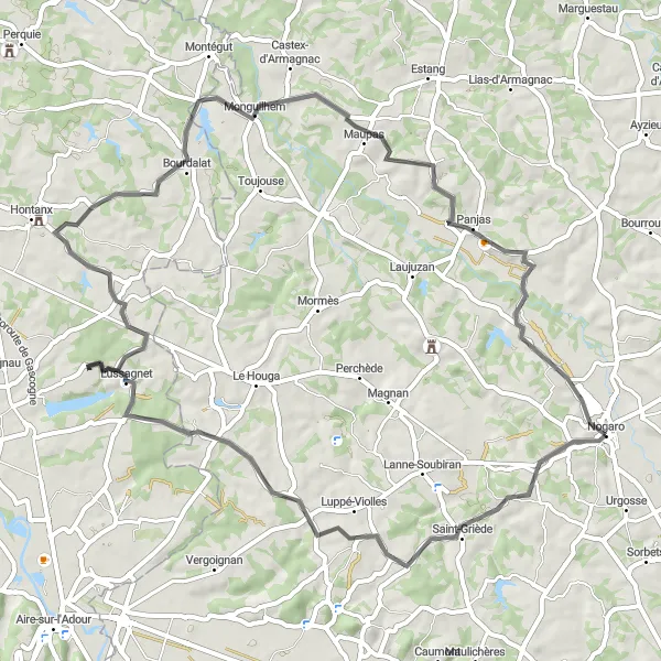 Miniatua del mapa de inspiración ciclista "Circuito desde Nogaro a Caupenne-d'Armagnac pasando por Saint-Griède y Lussagnet" en Midi-Pyrénées, France. Generado por Tarmacs.app planificador de rutas ciclistas
