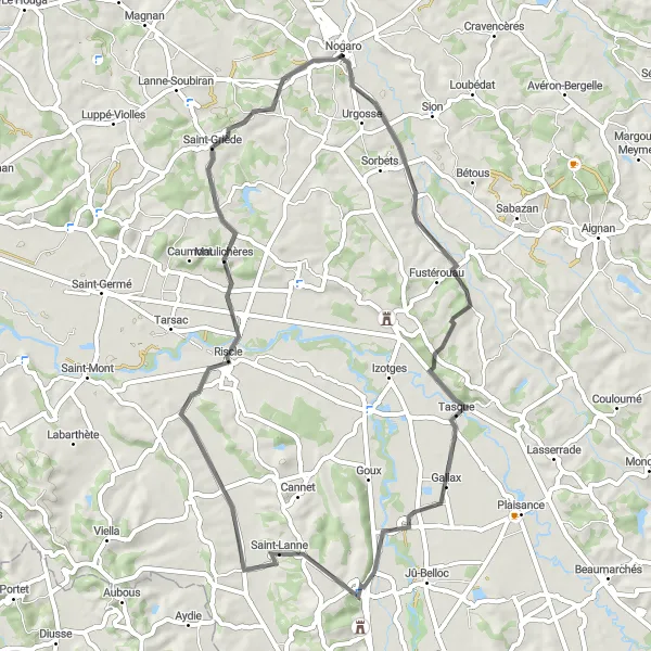 Map miniature of "Nogaro – Arblade-le-Haut Loop" cycling inspiration in Midi-Pyrénées, France. Generated by Tarmacs.app cycling route planner