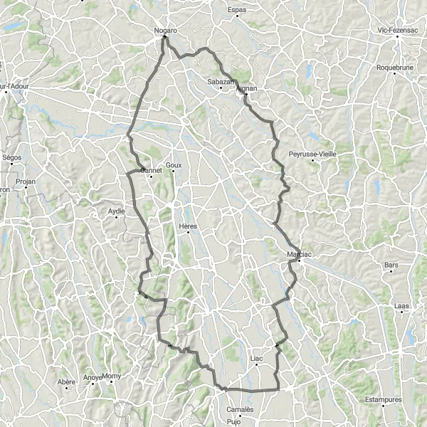 Map miniature of "Cultural Tour of Nogaro" cycling inspiration in Midi-Pyrénées, France. Generated by Tarmacs.app cycling route planner