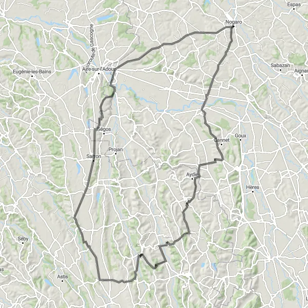 Map miniature of "Nogaro and Surroundings" cycling inspiration in Midi-Pyrénées, France. Generated by Tarmacs.app cycling route planner