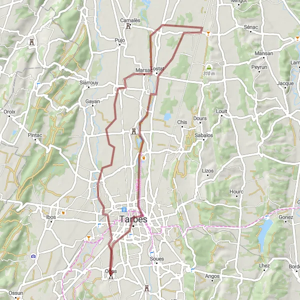 Zemljevid v pomanjšavi "Potepanje med Tarbes in Odos" kolesarske inspiracije v Midi-Pyrénées, France. Generirano z načrtovalcem kolesarskih poti Tarmacs.app