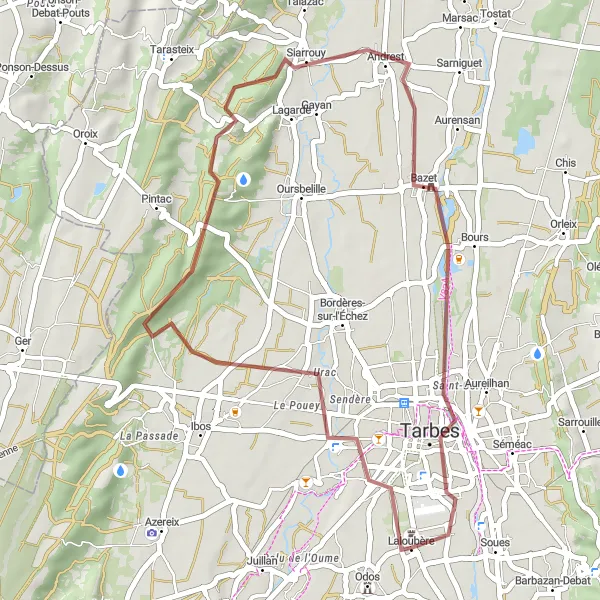 Miniaturní mapa "Gravelový okruh kolem Tarbesu" inspirace pro cyklisty v oblasti Midi-Pyrénées, France. Vytvořeno pomocí plánovače tras Tarmacs.app