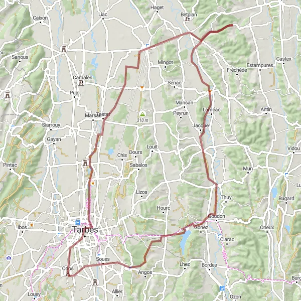 Miniatuurkaart van de fietsinspiratie "Gravelroute door de omgeving van Odos" in Midi-Pyrénées, France. Gemaakt door de Tarmacs.app fietsrouteplanner