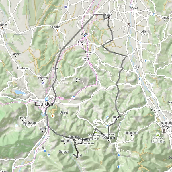 Kartminiatyr av "Cykling bland berghang och dalar" cykelinspiration i Midi-Pyrénées, France. Genererad av Tarmacs.app cykelruttplanerare