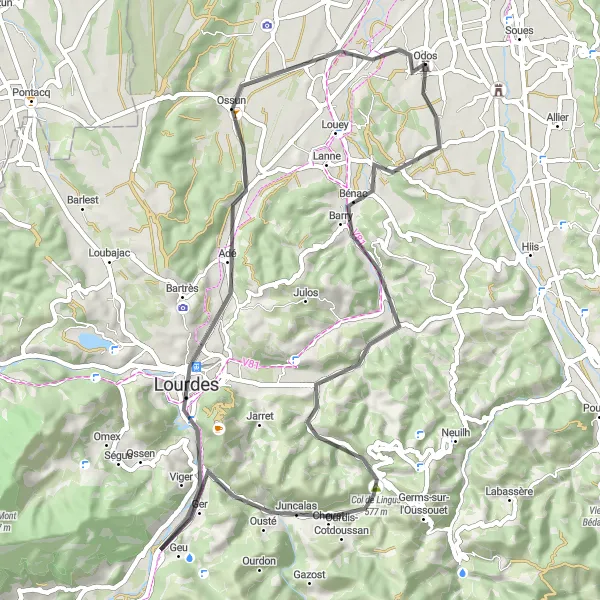 Miniaturní mapa "Silnice Trasa od až k Odos" inspirace pro cyklisty v oblasti Midi-Pyrénées, France. Vytvořeno pomocí plánovače tras Tarmacs.app
