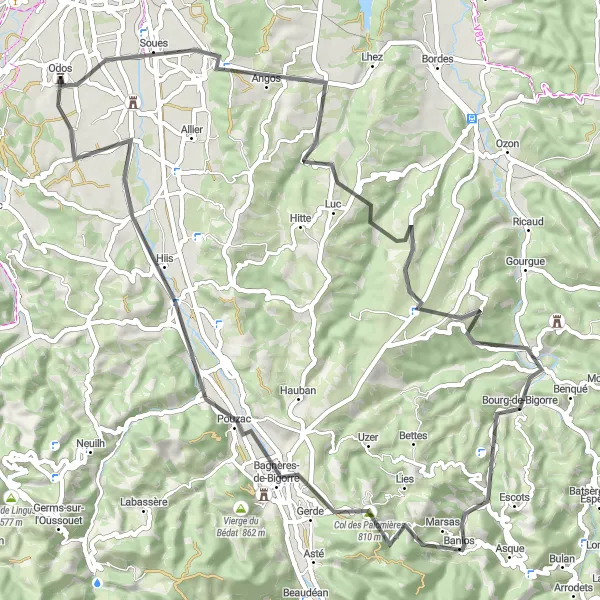 Zemljevid v pomanjšavi "Cikeliranje iz Odosa do Bigorreja" kolesarske inspiracije v Midi-Pyrénées, France. Generirano z načrtovalcem kolesarskih poti Tarmacs.app