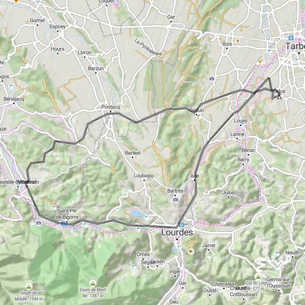 Miniaturní mapa "Okruh na kole z Odos" inspirace pro cyklisty v oblasti Midi-Pyrénées, France. Vytvořeno pomocí plánovače tras Tarmacs.app