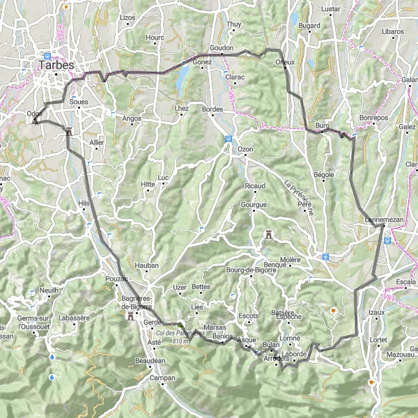 Miniatuurkaart van de fietsinspiratie "100 km roadroute vanuit Odos" in Midi-Pyrénées, France. Gemaakt door de Tarmacs.app fietsrouteplanner