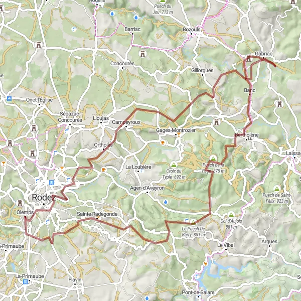 Mapa miniatúra "Cyklistická trasa pre nadšencov gravlových ciest" cyklistická inšpirácia v Midi-Pyrénées, France. Vygenerované cyklistickým plánovačom trás Tarmacs.app