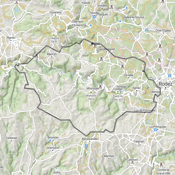 Miniaturní mapa "Cyklotrasa Luc-la-Primaube" inspirace pro cyklisty v oblasti Midi-Pyrénées, France. Vytvořeno pomocí plánovače tras Tarmacs.app