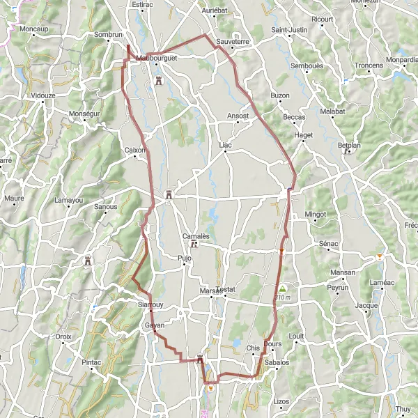 Kartminiatyr av "Gruskörning genom Bazet, Larreule och Dours" cykelinspiration i Midi-Pyrénées, France. Genererad av Tarmacs.app cykelruttplanerare