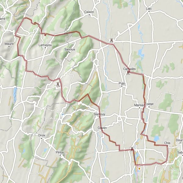 Miniature de la carte de l'inspiration cycliste "Boucle à travers la Campagne" dans la Midi-Pyrénées, France. Générée par le planificateur d'itinéraire cycliste Tarmacs.app