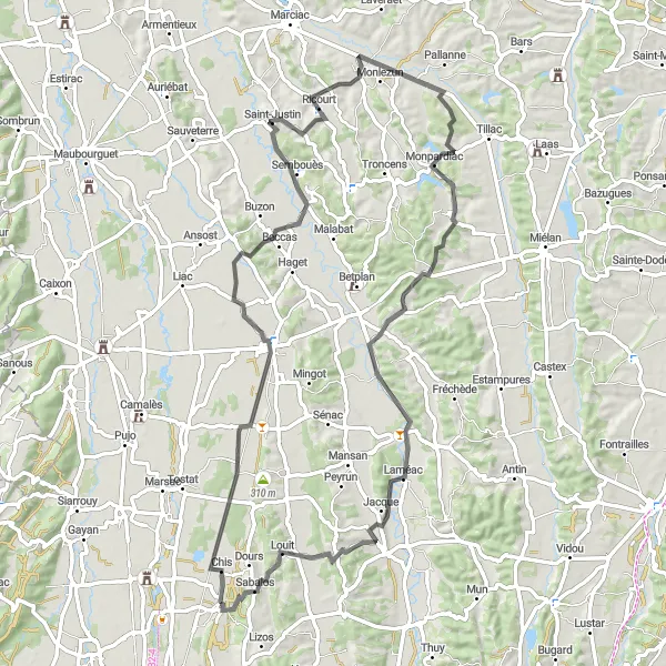 Mapa miniatúra "Orleix - Chis - Rabastens-de-Bigorre - Ricourt - Monpardiac - Laméac - Sabalos" cyklistická inšpirácia v Midi-Pyrénées, France. Vygenerované cyklistickým plánovačom trás Tarmacs.app