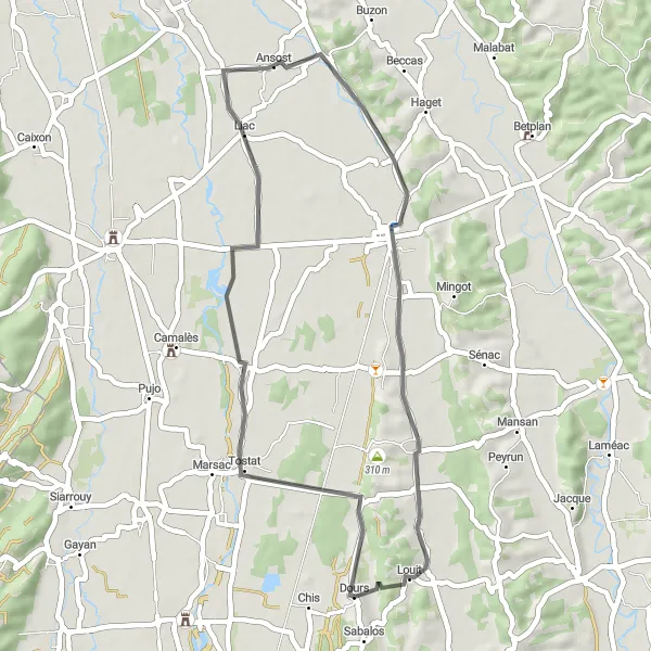 Map miniature of "Ugnouas and Ansost: A Road Cycling Adventure" cycling inspiration in Midi-Pyrénées, France. Generated by Tarmacs.app cycling route planner