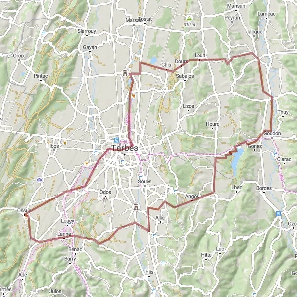 Miniature de la carte de l'inspiration cycliste "Circuit de Juillan et Cabanac en Gravel" dans la Midi-Pyrénées, France. Générée par le planificateur d'itinéraire cycliste Tarmacs.app