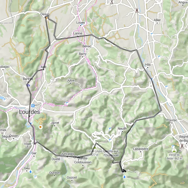 Miniatua del mapa de inspiración ciclista "Ruta en Carretera de Ossun a Ossun" en Midi-Pyrénées, France. Generado por Tarmacs.app planificador de rutas ciclistas