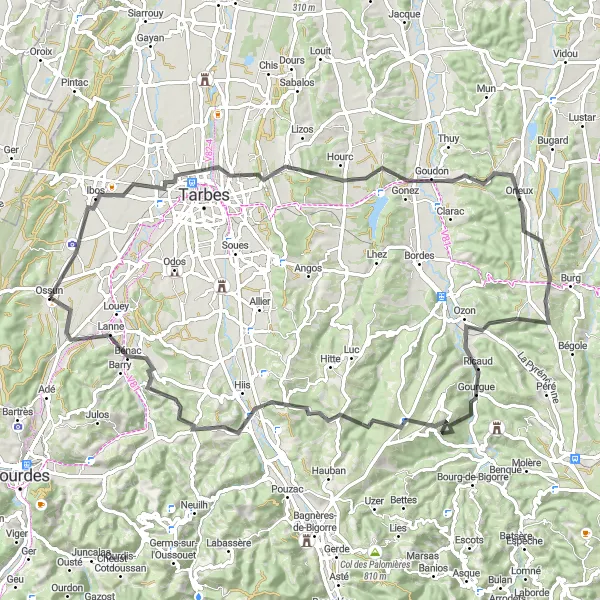 Miniature de la carte de l'inspiration cycliste "Circuit d'Aureilhan à Layrisse en Route" dans la Midi-Pyrénées, France. Générée par le planificateur d'itinéraire cycliste Tarmacs.app