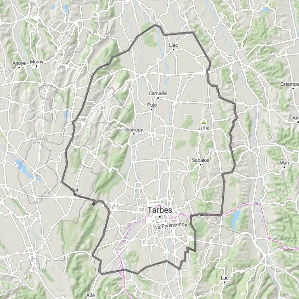 Miniatua del mapa de inspiración ciclista "Ruta de 104 km en carretera desde Ossun con 853 m de ascenso" en Midi-Pyrénées, France. Generado por Tarmacs.app planificador de rutas ciclistas