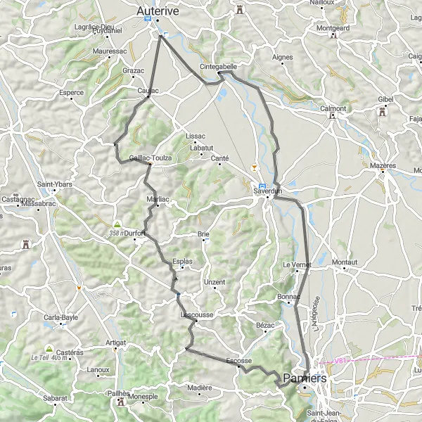 Miniature de la carte de l'inspiration cycliste "Boucle pittoresque vers Saverdun" dans la Midi-Pyrénées, France. Générée par le planificateur d'itinéraire cycliste Tarmacs.app