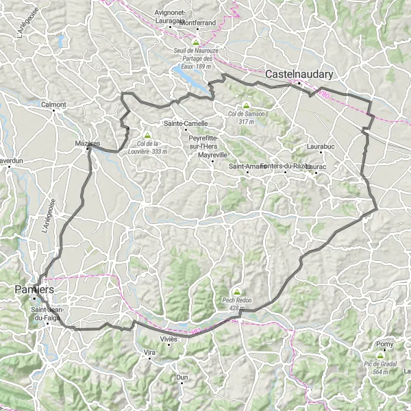 Miniature de la carte de l'inspiration cycliste "Les Collines du Pays Cathare" dans la Midi-Pyrénées, France. Générée par le planificateur d'itinéraire cycliste Tarmacs.app