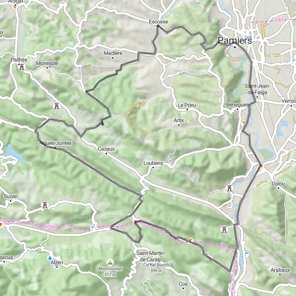 Miniatura mapy "Eksploracja Pamiers i Aigues-Juntes" - trasy rowerowej w Midi-Pyrénées, France. Wygenerowane przez planer tras rowerowych Tarmacs.app