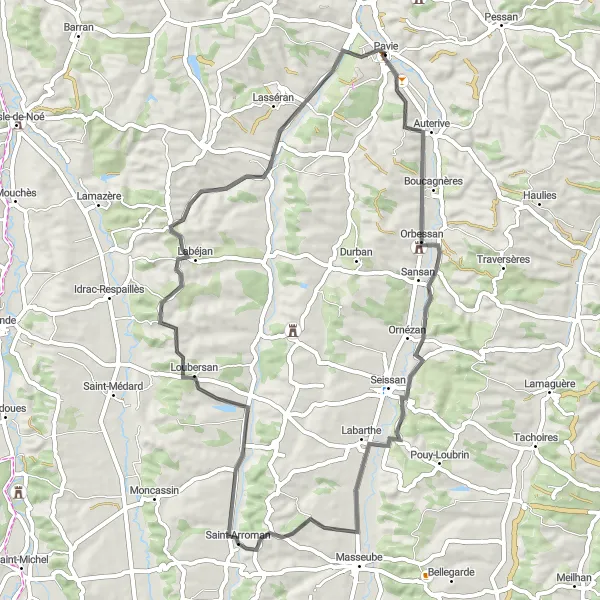Miniatura mapy "Trasa Przez Orbessan, Seissan i Clermont-Pouyguillès" - trasy rowerowej w Midi-Pyrénées, France. Wygenerowane przez planer tras rowerowych Tarmacs.app