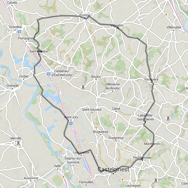 Miniatua del mapa de inspiración ciclista "Ruta de Castelginest a Montberon" en Midi-Pyrénées, France. Generado por Tarmacs.app planificador de rutas ciclistas