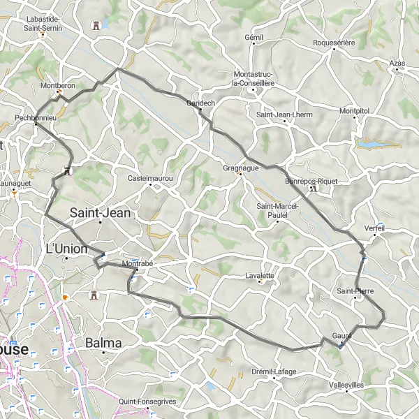 Zemljevid v pomanjšavi "Raznolika kolesarska pot v bližini Pechbonnieua" kolesarske inspiracije v Midi-Pyrénées, France. Generirano z načrtovalcem kolesarskih poti Tarmacs.app